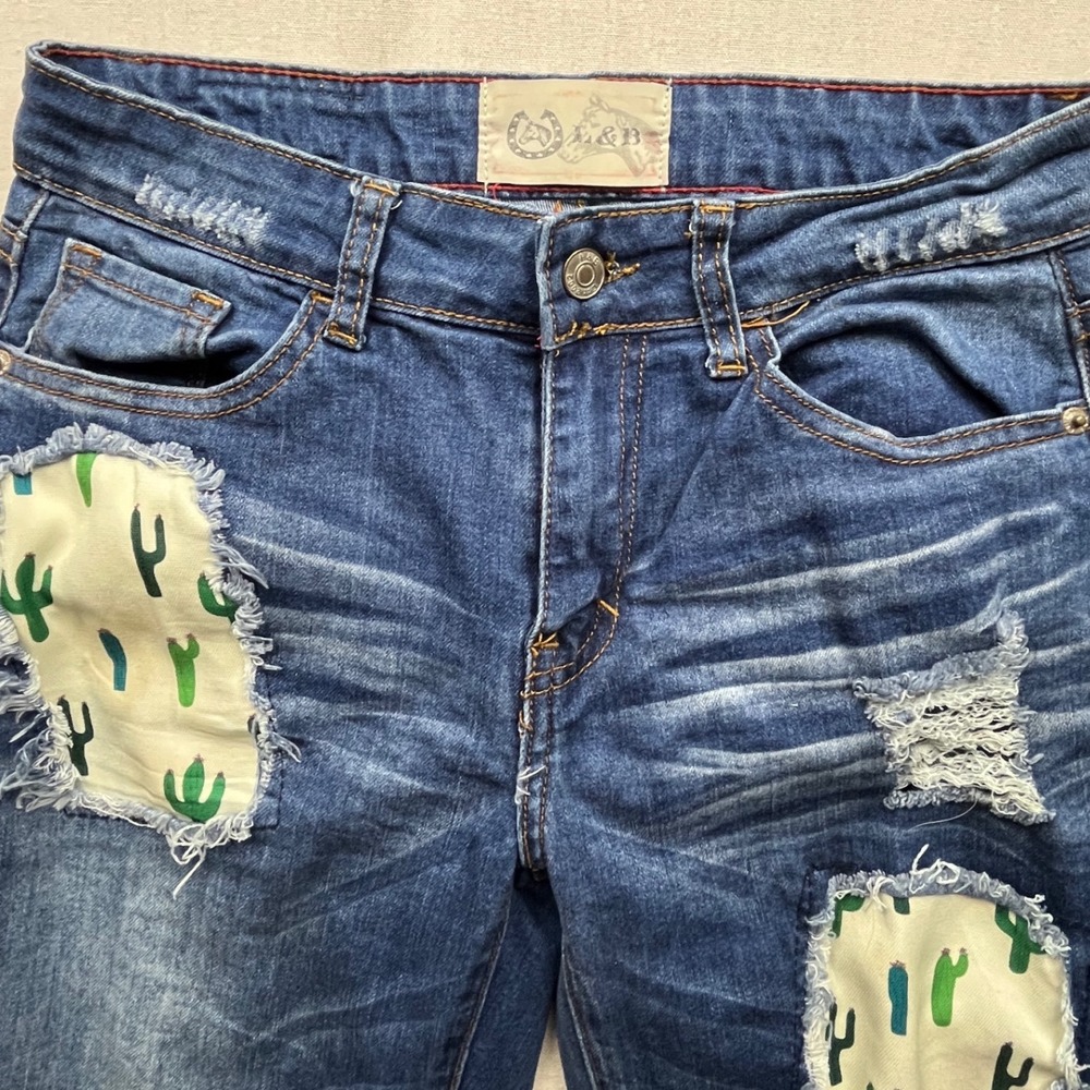 L&B Cactus Patch Distressed Skinny Jeans Blue Denim Western Boho Womens Size 4